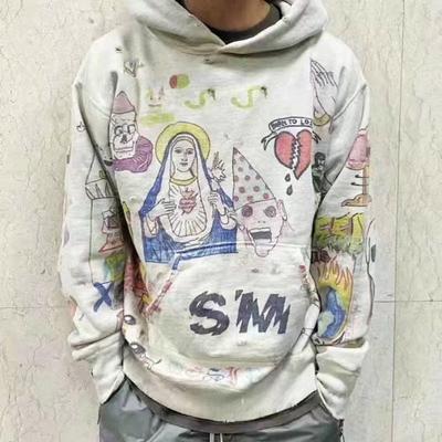 Mens Vintage American Hip Hop Hoodie Fleece Lined Cartoon Print Loose Fit Casual Winter Sweatshirt