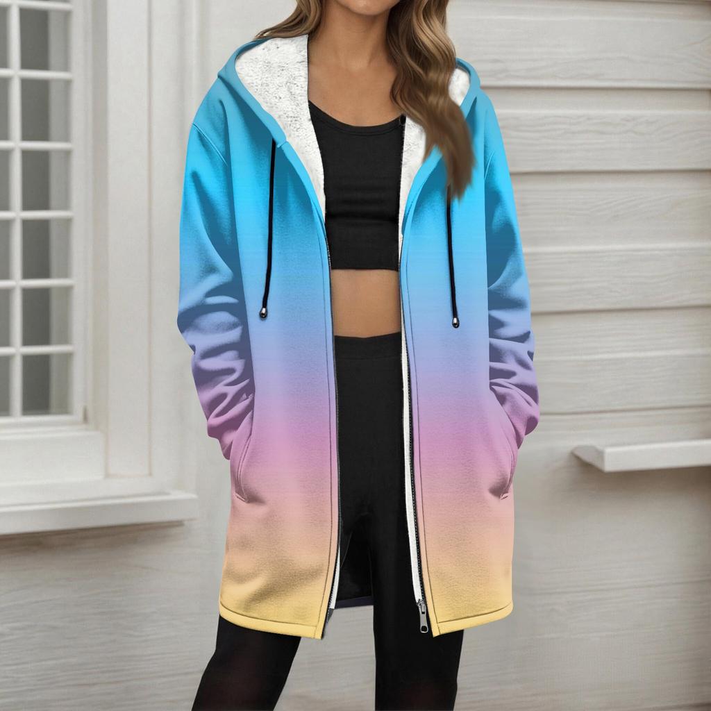 Женская модная флисовая куртка-худи свободного кроя на молнии с градиентным принтом