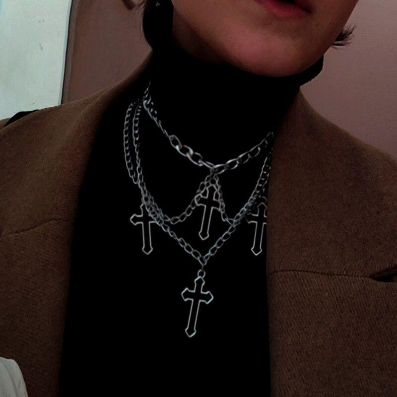 Серебряный цвет полые крест кулон ожерелья многослойная цепь символ доллара заявление ожерелья хип-хоп ювелирные изделия
