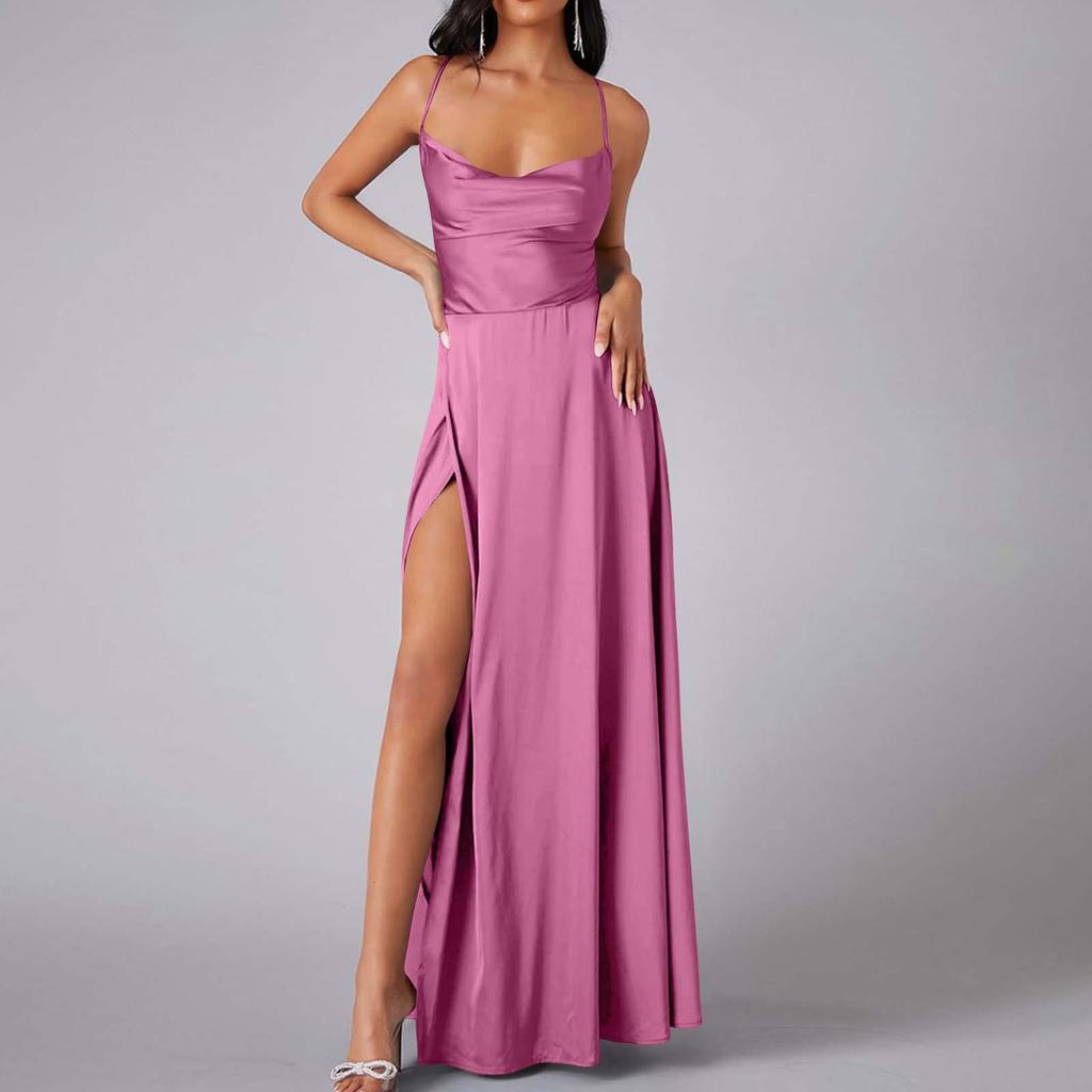 Женское летнее длинное атласное платье с открытой спиной и воротником-хомутиком на бретельках