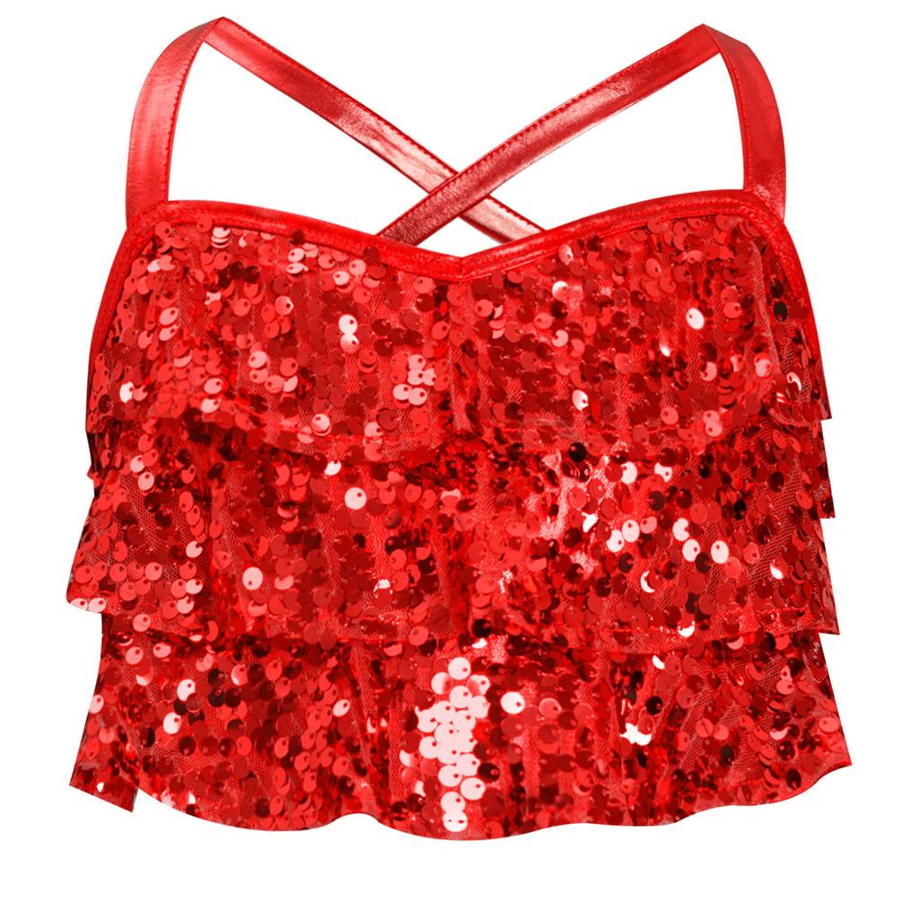 Костюм для джазового танца для девочек, блестящие пайетки, многоярусные оборки, кроп-топ, перекрещенная спина, металлизированная майка, топ для выступлений