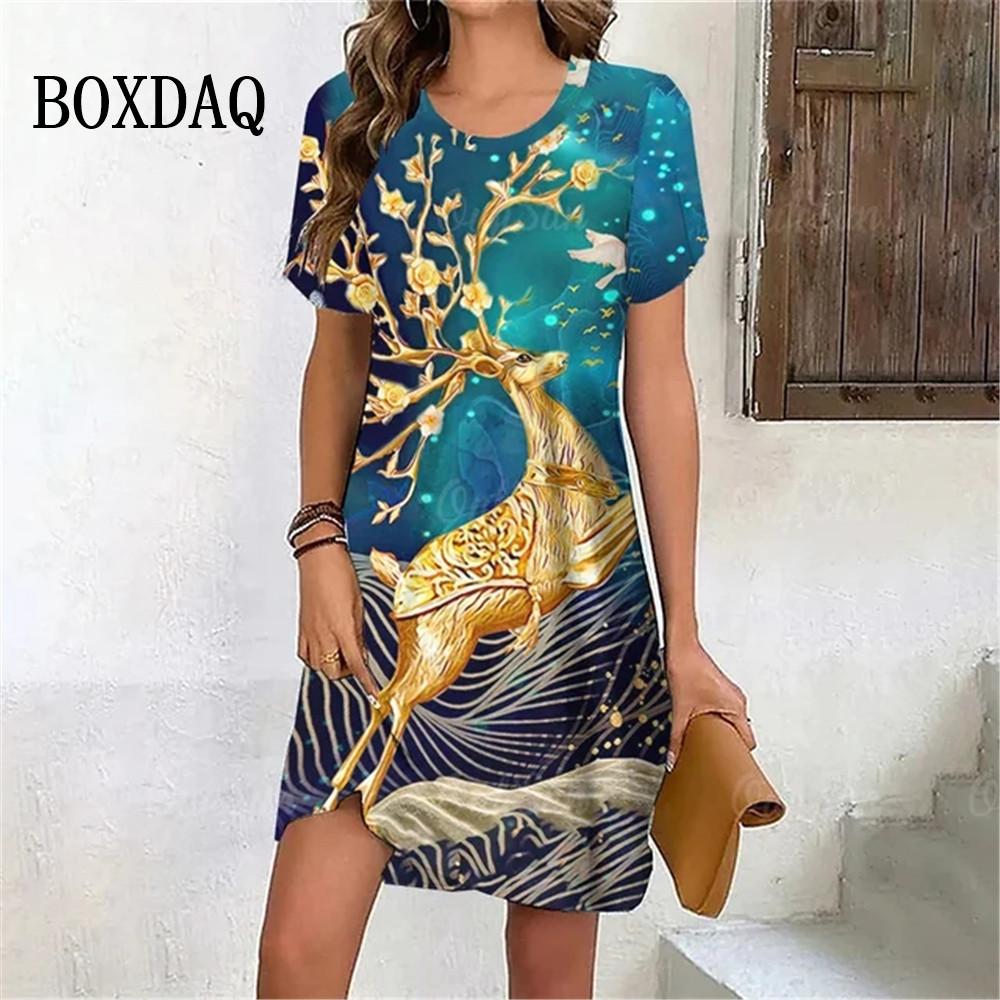 Golden Elk Print Dress Women Cute Christmas Evening Dress New Short Sleeve Sexy Dresses Fashion Party Holiday Woman Clothes