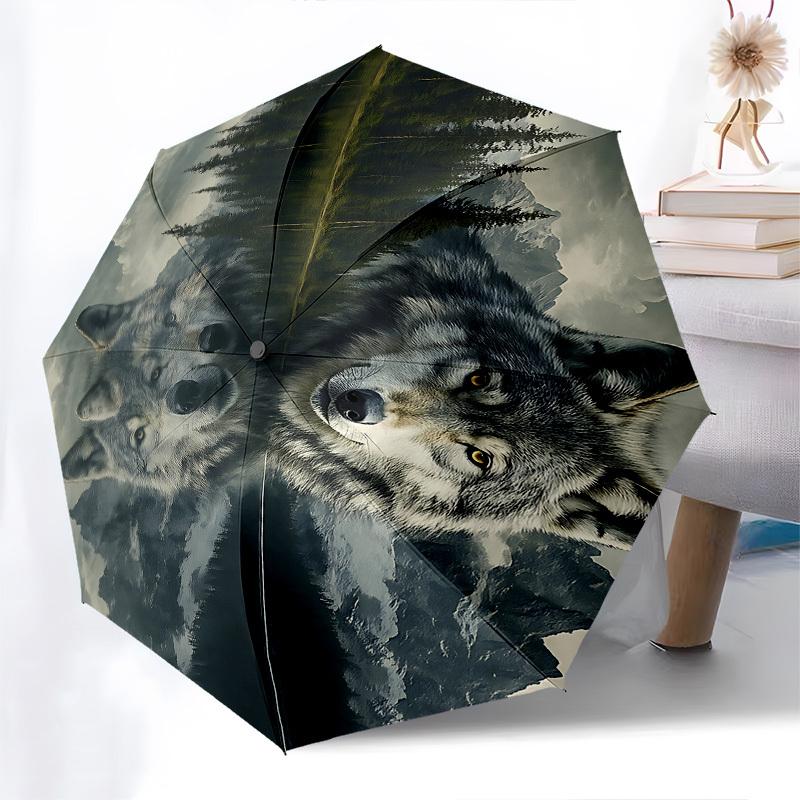 Wolf Reflection Themed Automatic Opening and Closing Umbrella, Brightly Colored 8-rib Portable Umbrella, Suitable for Men and Women, A Perfe