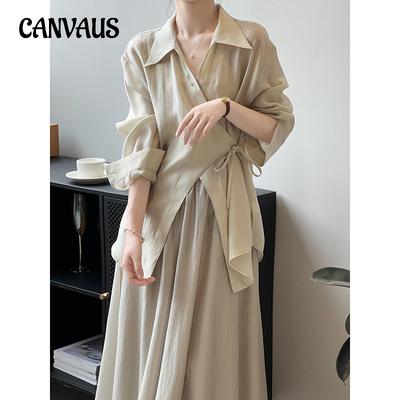Новое китайское платье-рубашка, женская летняя рубашка с галстуком, костюм с юбкой до половины тела