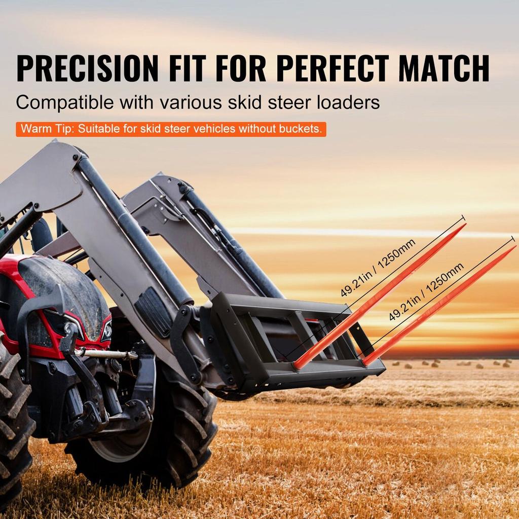 49" Hay Spear, Bale Spears 3000lbs Loading Capacity, Skid Steer Loader Tractor Attachment 2pcs Spears, Quick Attach Spike Forks