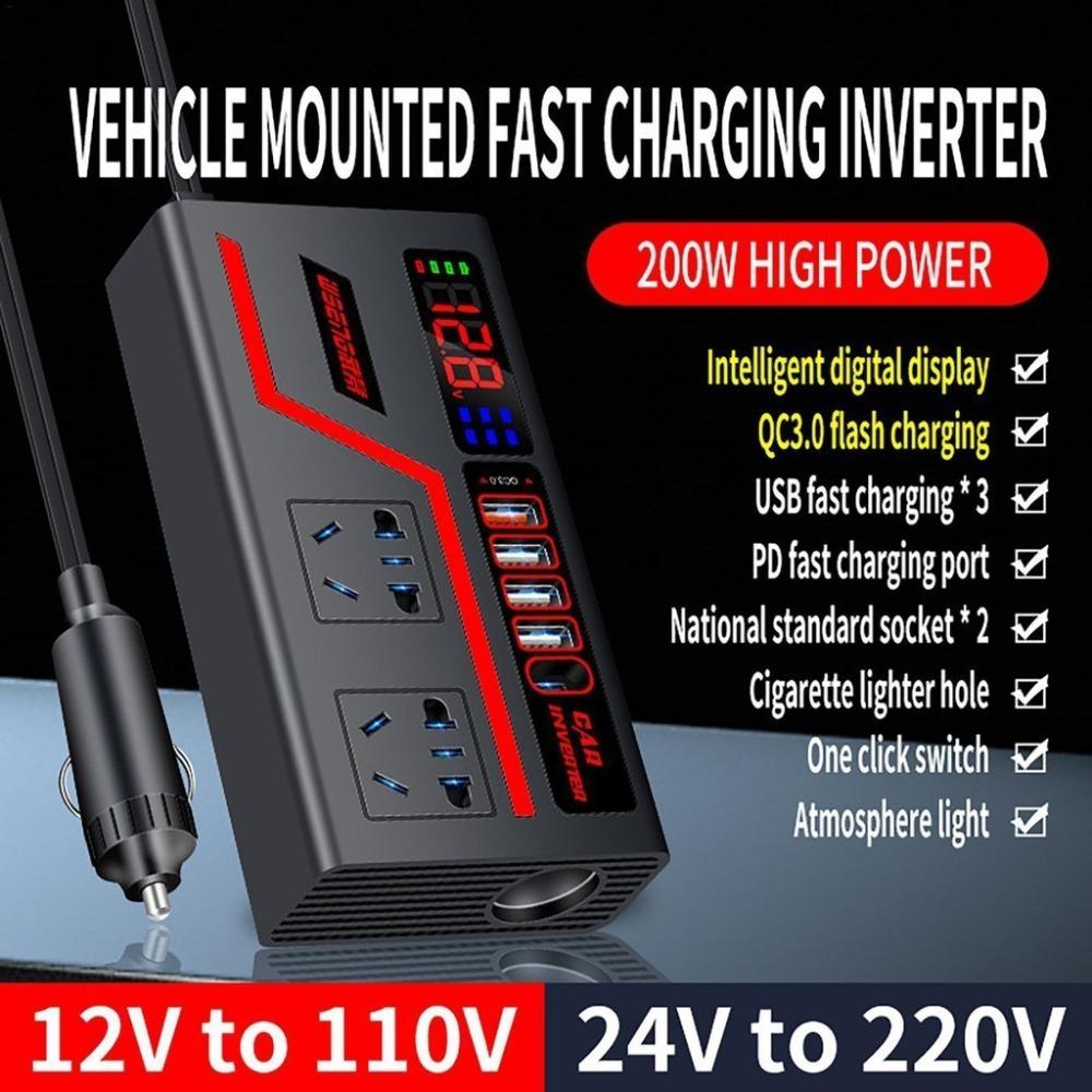 Универсальный автомобильный инвертор DC 12В/24В в 220В Зарядное устройство USB/Type C QC 3.0 Автомобильный преобразователь Розетка Многофункциональный цифровой дисплей