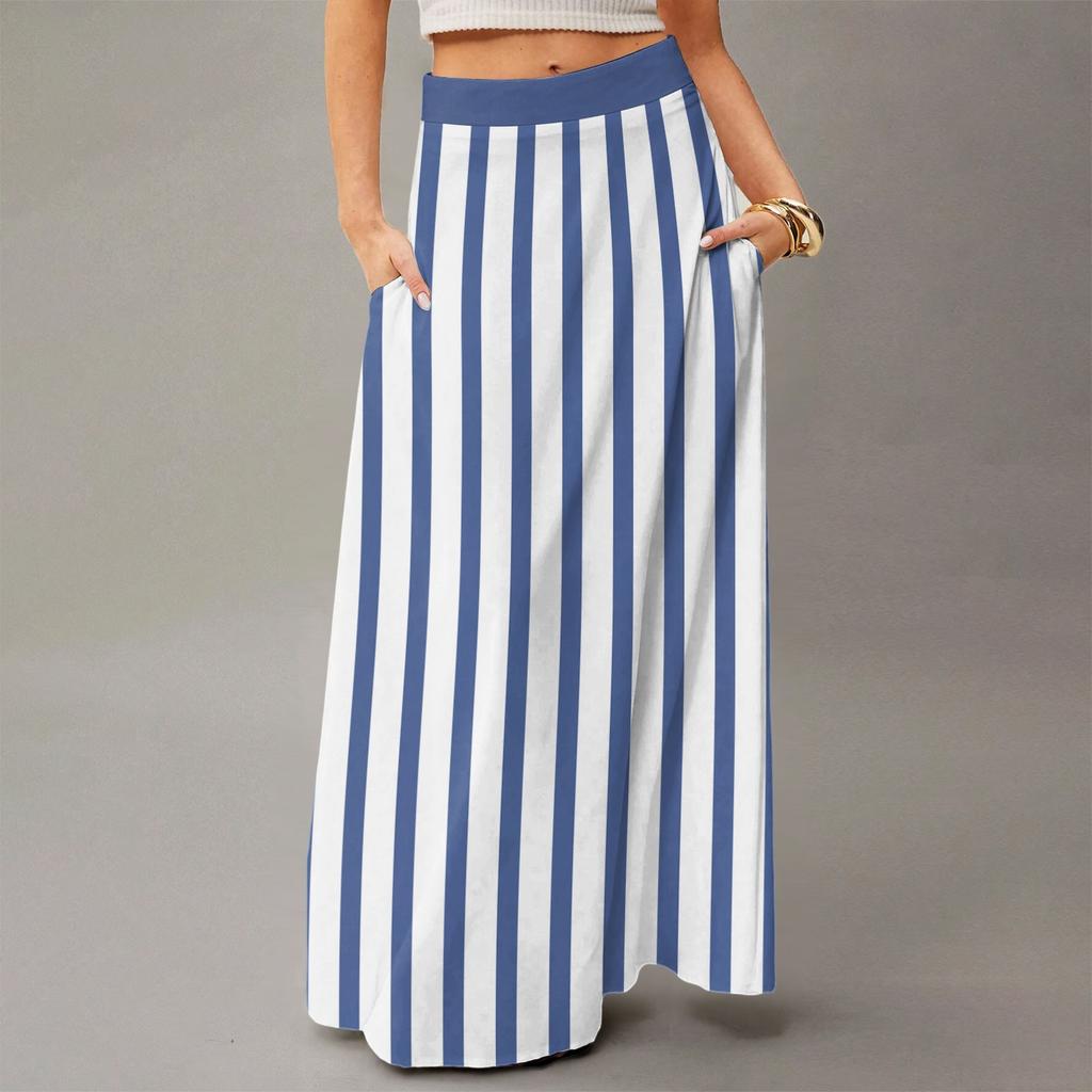 Женская повседневная складная юбка макси с высокой талией, драпированная, свободного кроя, с карманом, в полоску, в клетку