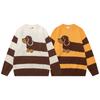 Mens Color Block Striped Cartoon Dog Crewneck Sweater Loose Casual Long Sleeve Knit Top Streetwear