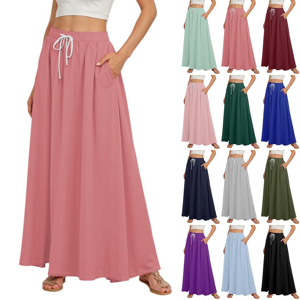 Women's Flowy Flared Ruffle Hem A Line Maxi Skirts Elastic Waist Elegant Tiered Layer Boho Long Skirts