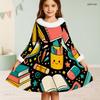Girls High Neck Long Sleeve Excavator Print Furry Trim Tie Waist A Line Flared Dress
