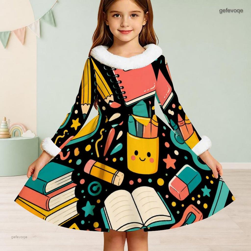 Girls High Neck Long Sleeve Excavator Print Furry Trim Tie Waist A Line Flared Dress