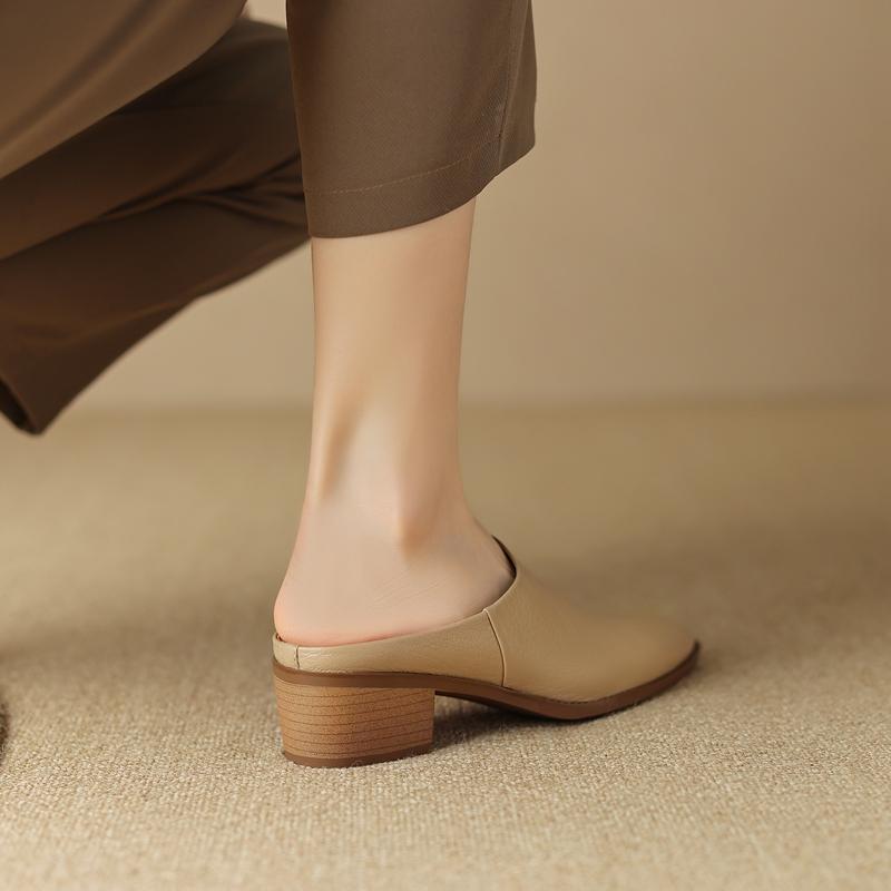 2024 Летняя женская обувь из натуральной кожи, женские сандалии с острым носком, однотонные современные сандалии для женщин, женские мюли на толстом каблуке