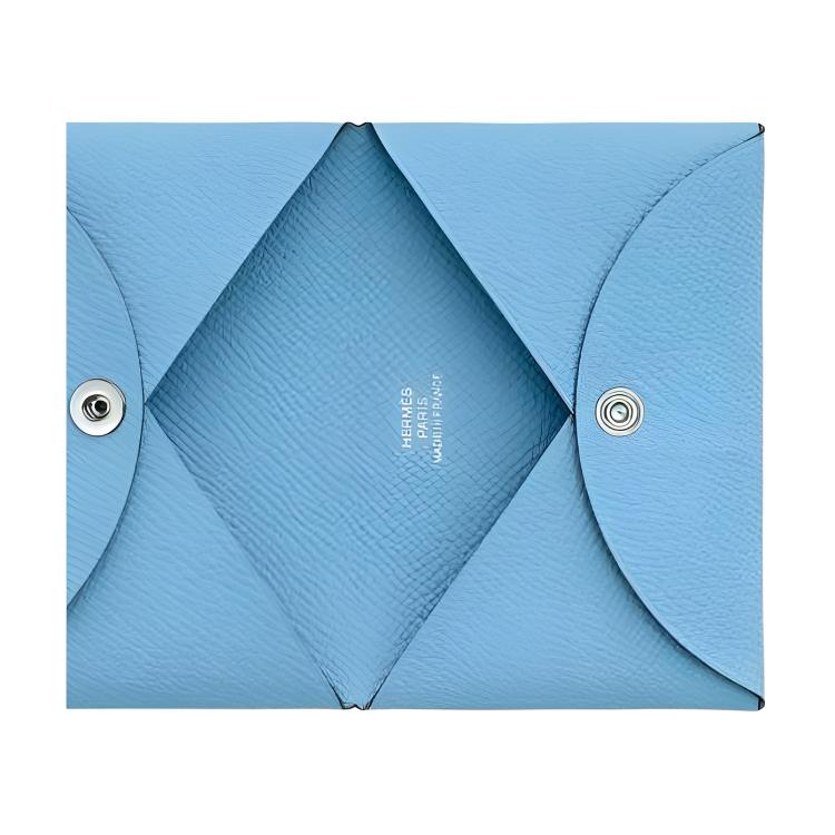 Hermes Calvi Solid Color Silver Buckle Epsom Leather Wallet Women wallet Celeste H044164CK7N