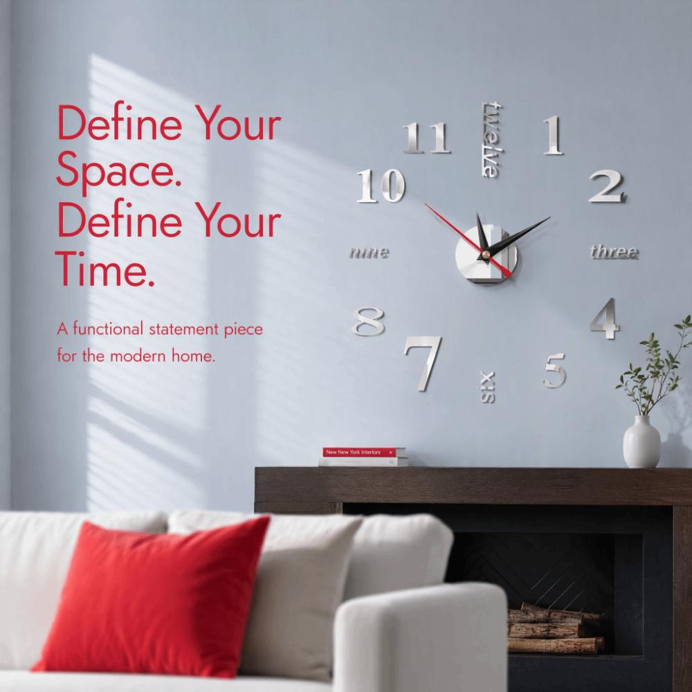3D Mirror Surface DIY Wall Clock Silver Frameless Wall Clock 3D Wall Clock  Bedroom Wall Decor