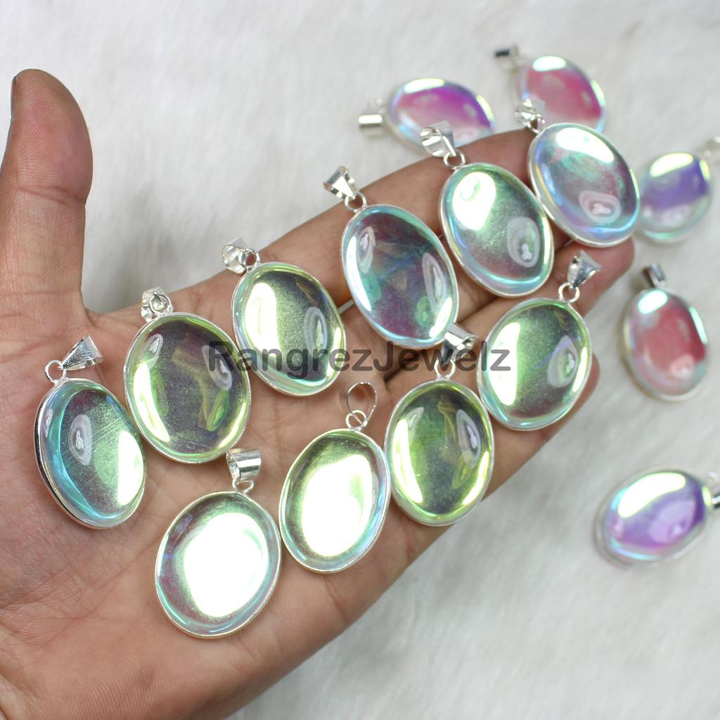 Doubled Opal Gemstone Pendant Jewelry Rainbow Flash Doubled Glass Gemstone Pendant Necklace Bulk Wholesale Pendant Jewelry