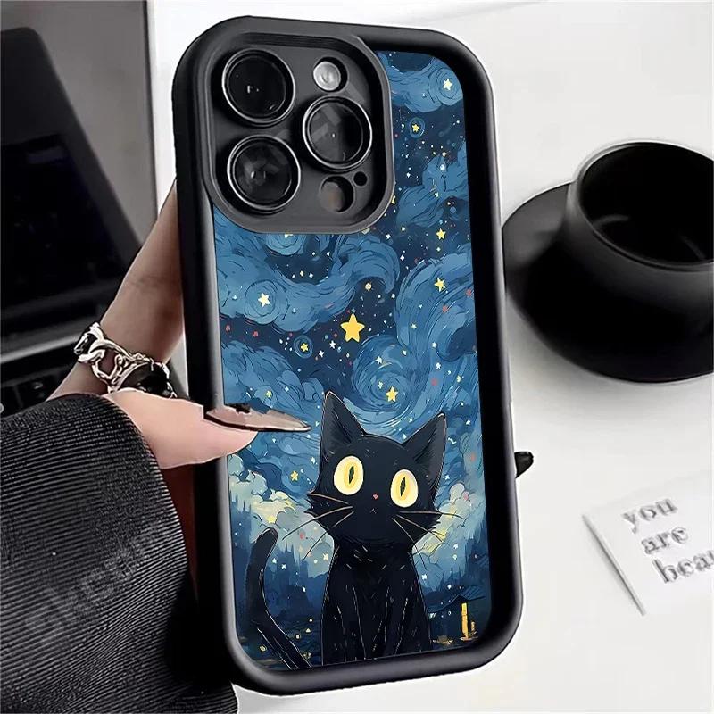 Красивый Черный Кот со Звездами Силиконовый Чехол для IPhone 15 14 13 12 11 Pro Max 7 8 Plus X XR XS Max Ударопрочный Мягкий Чехол