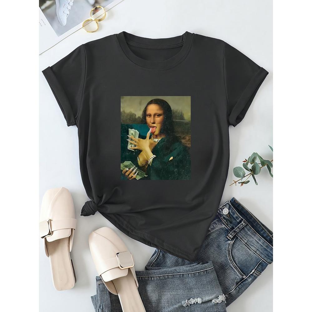 Женские хлопковые футболки с коротким рукавом Mona Lisa Денежный Пародия Женская футболка Забавный Арт Графический Повседневный Черный Топ