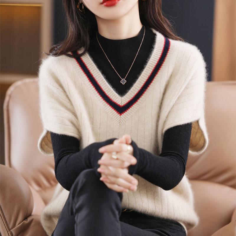 Осенне-зимний женский вязаный жилет с v-образным вырезом, свободный вязаный жилет с цветными блоками, вязаный свитер без рукавов