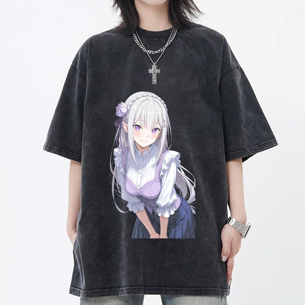 Эмилия Re ZERO Начинаем жизнь с нуля в другом мире Аниме Одежда Мужчины Женщины Футболки Стиранная Футболка Ретро Хлопковая Футболка Харадзюку Топы