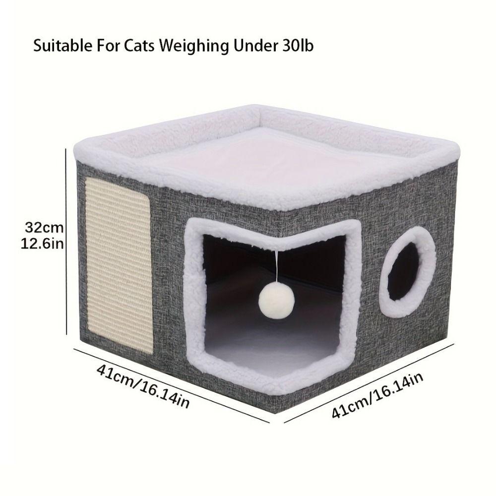 Large Space Foldable Cat House Non-slip Bottom Scratching Post Cat Bed Toy Tunnel Removable Cushion Hanging Ball