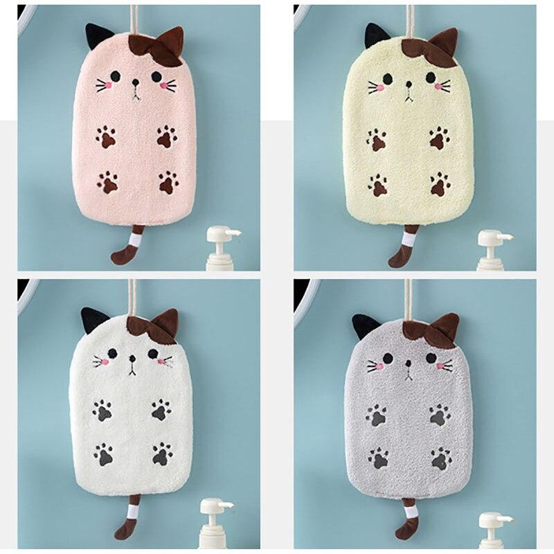 Strong Absorbent Hanging Cat Embroidery Towel Home Decor Dual-use Coral Velvet Hand Towel Bathroom Supplies Towel