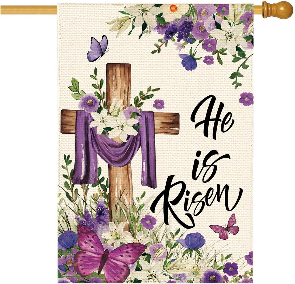 He is Risen Spring Summer Welcome Garden ag Double Sided, Cross Buttery Farmhouse Purple oral Burlap Larg SSL