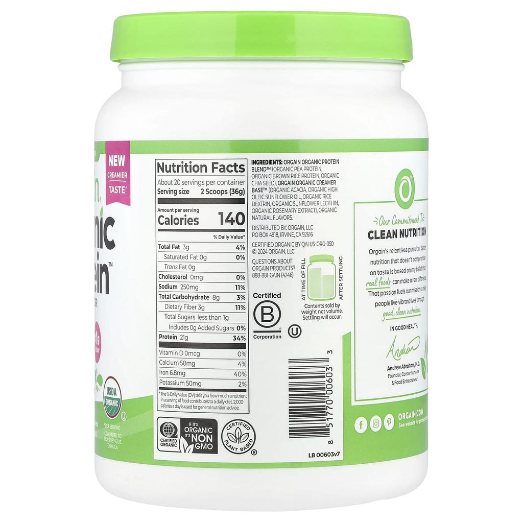 Organic Protein Powder, Vegan, Naturally Unsweetened, 720G (1.59Lb)