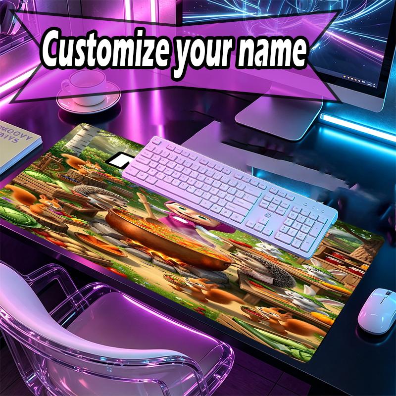 Custom Name Personalized Masha and The Bear Pattern Mousepad, Laptop PC Desk Mat, Decorative Desk Mat for Home Keyboard Pad Gift
