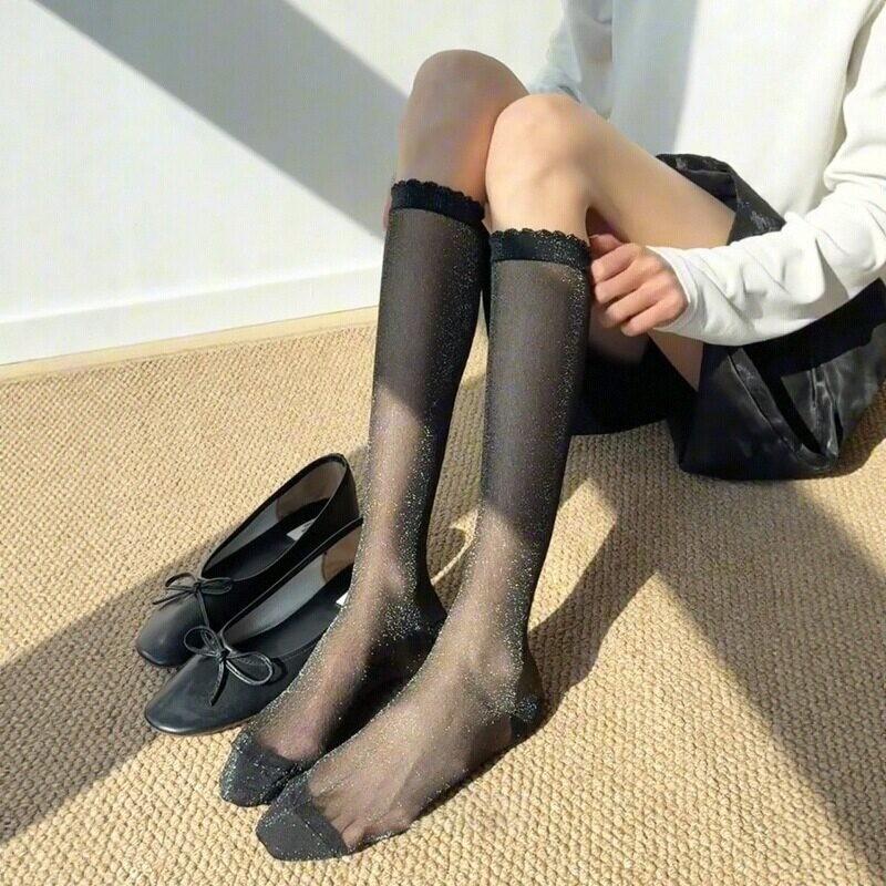 Silver Fine Flash Gypsy Calf Socks Women'S Spring And Summer Thin Transparent Pile Socks Fashionable Lace Dopamine Jk Stockings