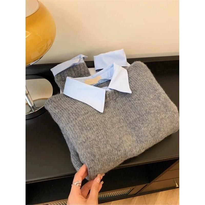 Свитер с воротником-обманкой, женский осенний наряд, ленивый интерьер, контрастный цвет, серый вязаный свитер-топ с отложным воротником