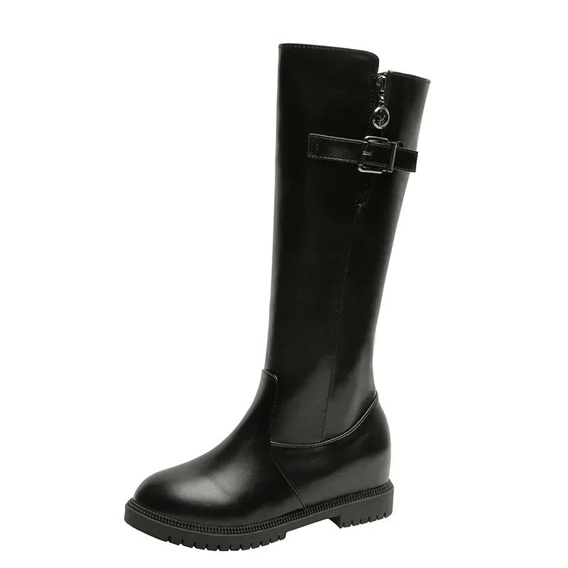 2025 Women's Winter Boots Black Round Toe Low Heel Knee High Boots for Women Belt Buckle Leisure Warm Riding Boots Bota Feminina