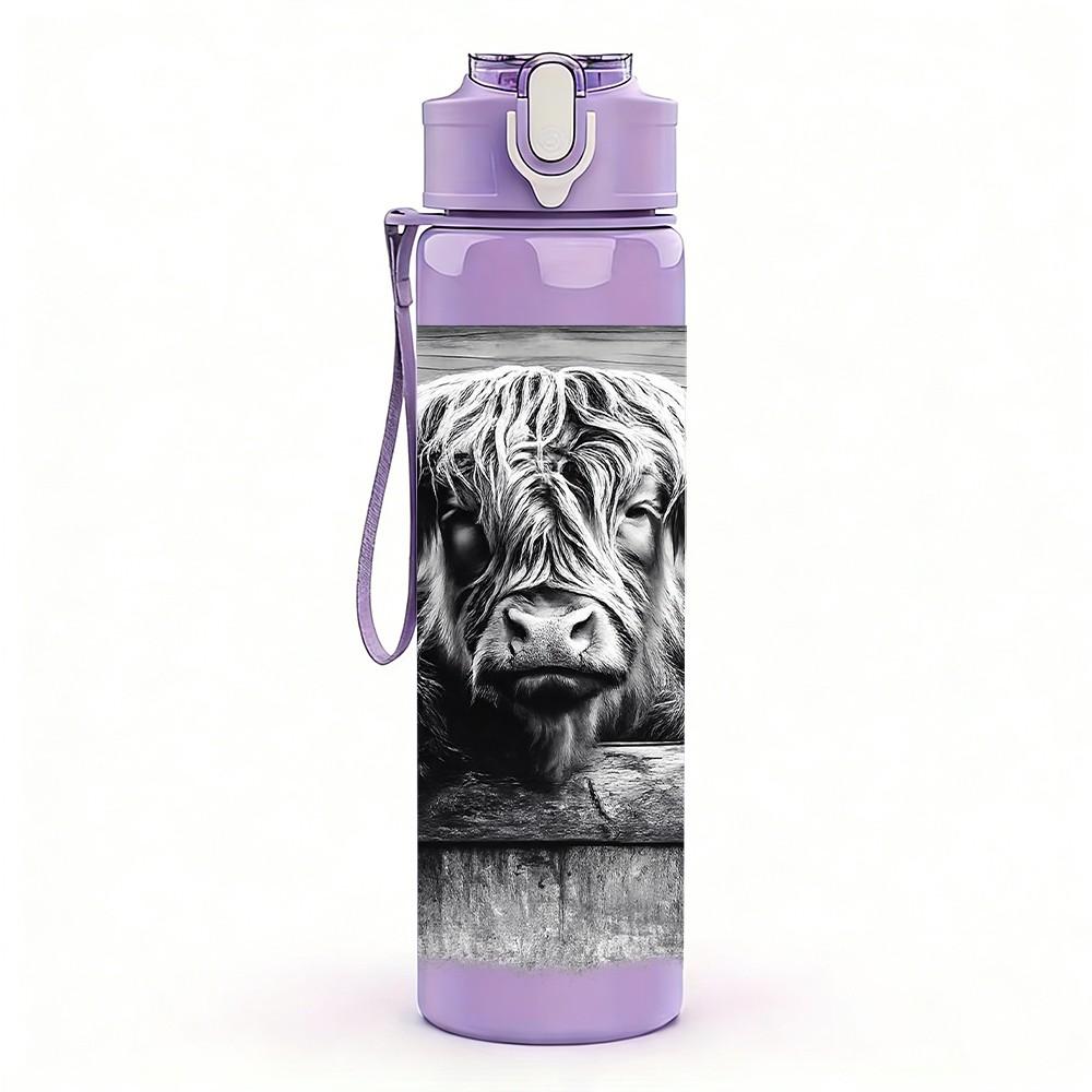 1PC Highland Cow Black White Animal Print 750ml Color Plastic Sports Water Bottle Leakproof Flip Straw Lid Suitable for Sports Office Home Use