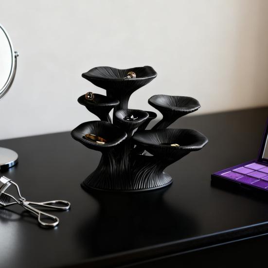 Black Mushroom Jewelry Stand 3D Printed 7-Tier Jewelry Holder Desktop Earring Tree for Rings Necklaces Bracelets