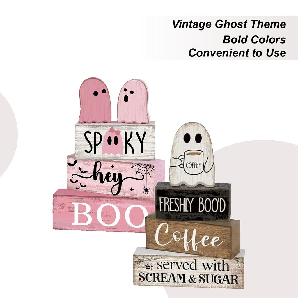 Halloween Ghost Sign Table Decor Coffee Ghost Wooden Sign Halloween Tiered Tray Decor Centerpiece Block Display Decorative