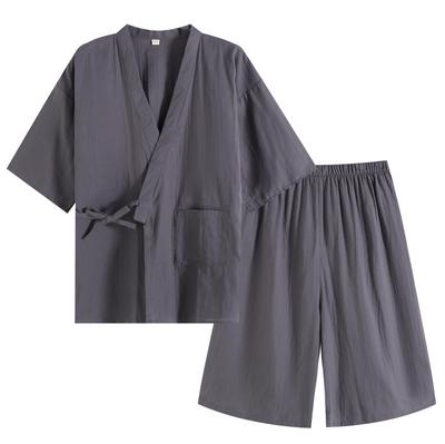 SISOFTLY Комплект Джинбей с рукавом 3/4 Однотонный из двойной марли Моющийся Летнее Кимоно Самуэ Пижамный комплект [SISOFTLY] Мужской 3/4 Весна/Лето Мужской (Серый 03, XL)