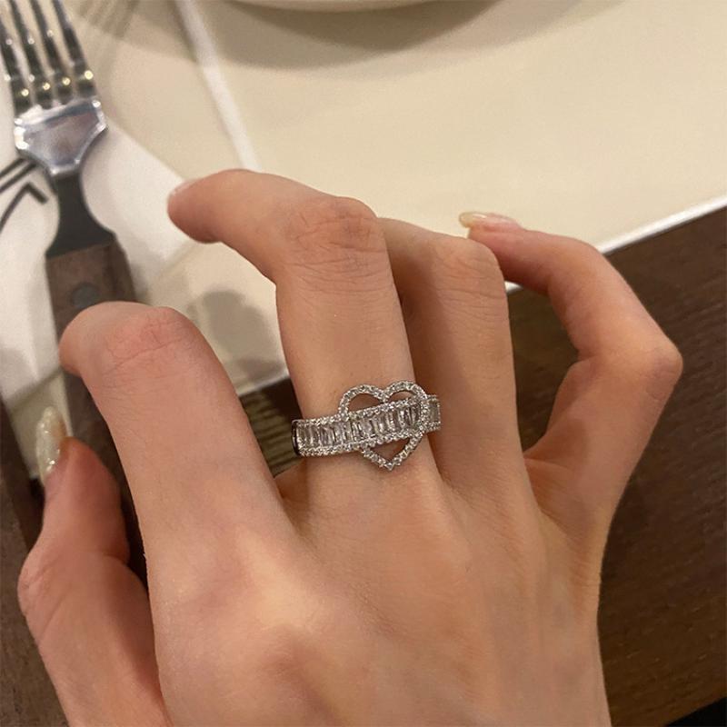 Корейское модное серебряное кольцо с сердечком и кубическим цирконием, элегантное женское регулируемое кольцо для вечеринки, ювелирные изделия, подарки