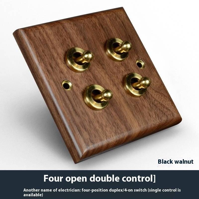 Black Walnut Solid Wood Brass Lever Retro Switch Panel Wall Mount 86 Open Line Box Surface Three Open 16A Socket