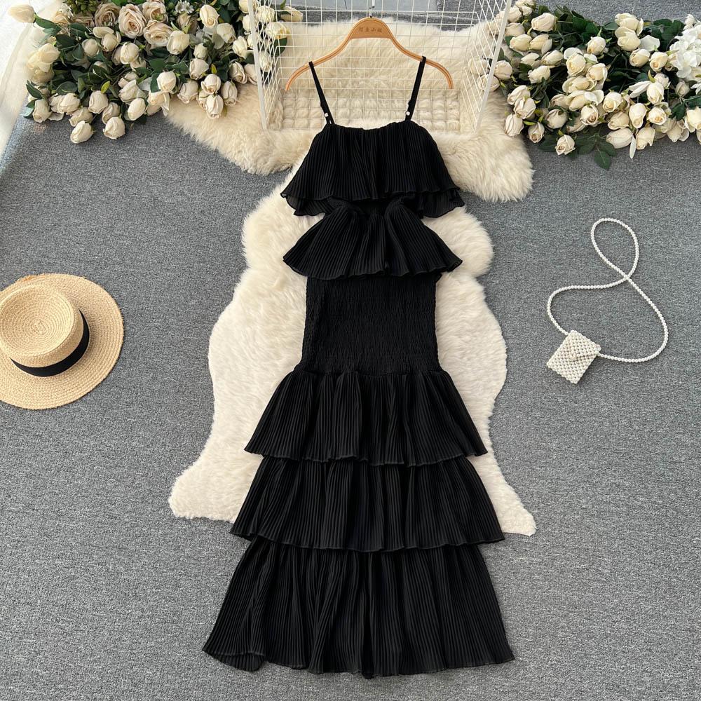 Women Summer Dress Sweet Chiffon Suspender Temperament French Gentleness Elegant Feeling Ruffle Cake Fairy Dress D3227