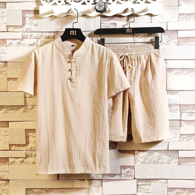 Летний мужской повседневный костюм, хлопково-льняная футболка с коротким рукавом + шорты, комплект из двух предметов