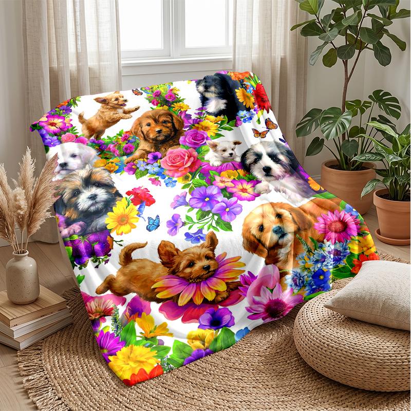 Floral Puppies Garden 3 Theme blanket Lightweight Warm Flannel Blanket Decorative Throw Blanket for Home Decoration