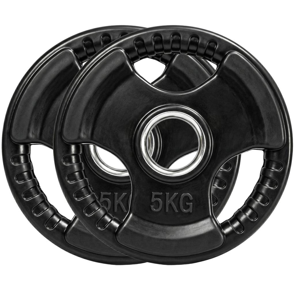 Cast Iron Weight Plates, 2 x 5 kg, 3 Handles, 50 mm Holes, Rubber Cover, Black