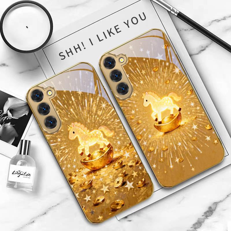 Сверкающий золотой пони Для Samsung Galaxy S20 FE S21 S22 S23 Plus S24 Ultra S25Ultra S21+ S9+ S22Plus Золотой стеклянный чехол для телефона
