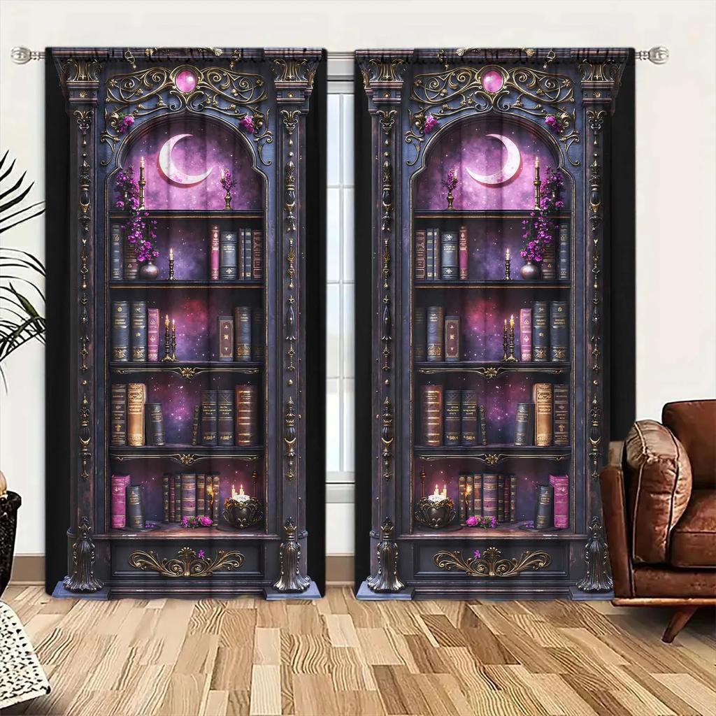 2 штуки Винтажная готическая книжная полка с принтом занавеска - Художественные шторы для украшения дома Декоративные шторы на все сезоны