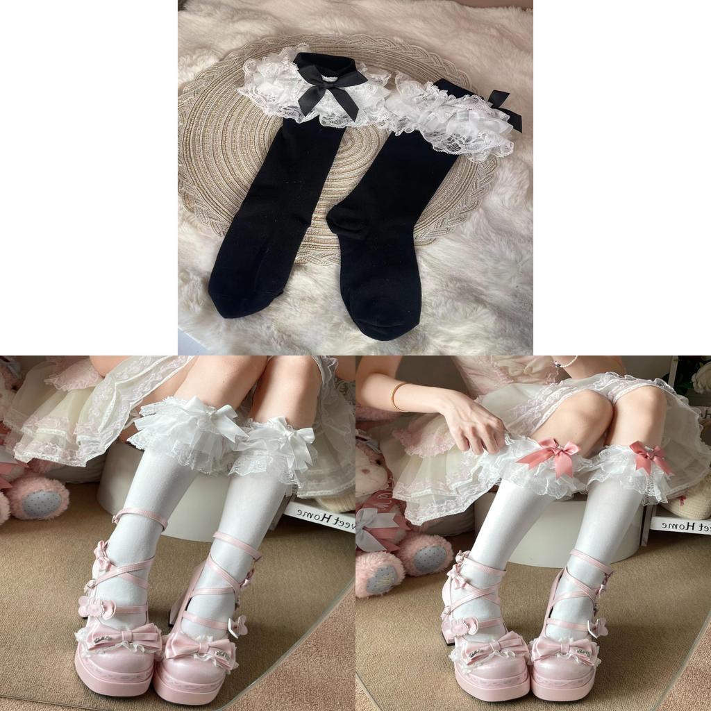 Sweet Japanese Style Cotton Stockings With Lace Edge For Spring Wear