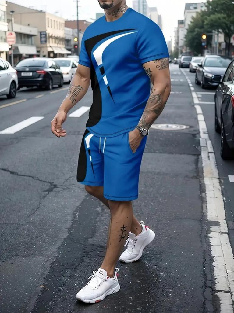 Summer Men's Sportswear Suit Trendy Fashion Sportswear 3d Print Men's Two-piece Casual Short-sleeved T-shirt + Shorts Plus Size