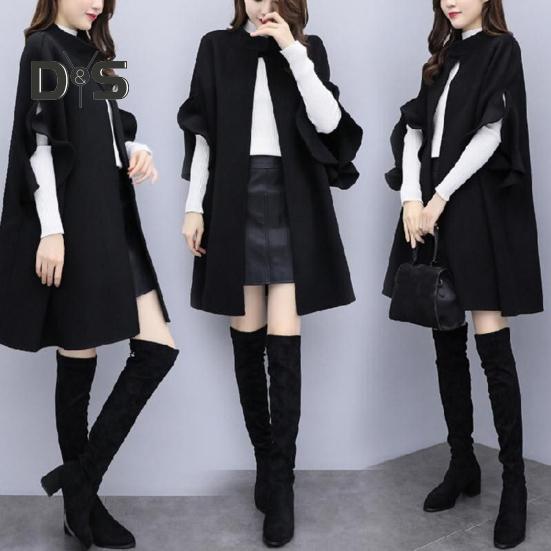 Женское зимнее пальто с рукавами-лепестками, воротником-стойкой, накидкой-трапецией, кардиганом средней длины с открытыми стежкам, шерстяным пальто для улицы, пончо