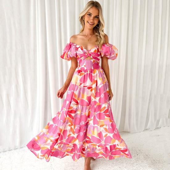 Women Evening Dress Bubble Sleeves Low-cut Off Shoulder Colorful Print A-line Big Hem Patchwork Hollow Out Pleated Vacation Beach Maxi Dress