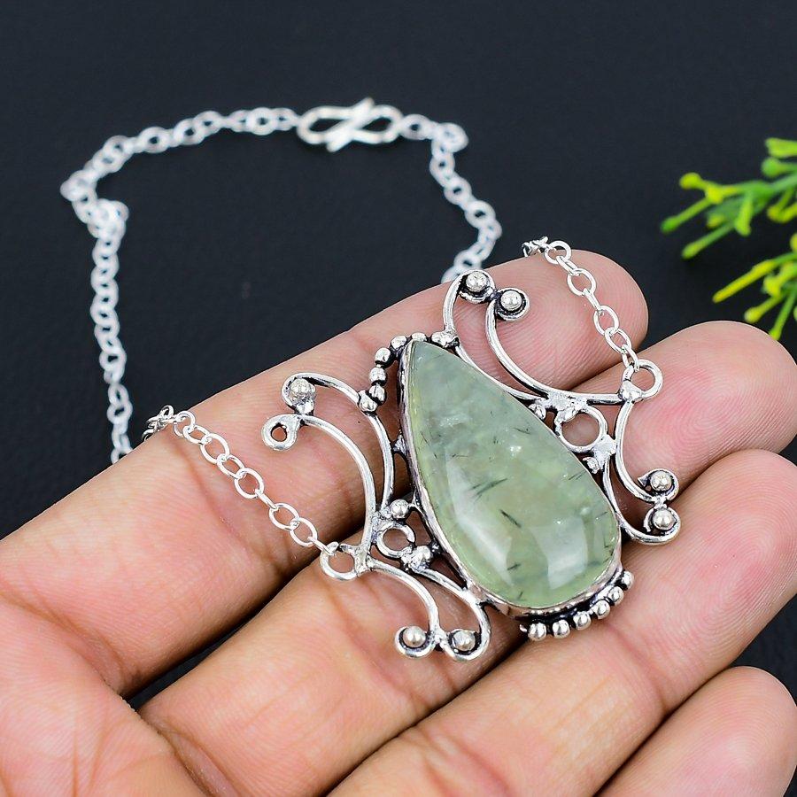 Prehnite Gemstone Handmade Ethnic 925 Silver Gift Jewelry Necklace 18" S9f22