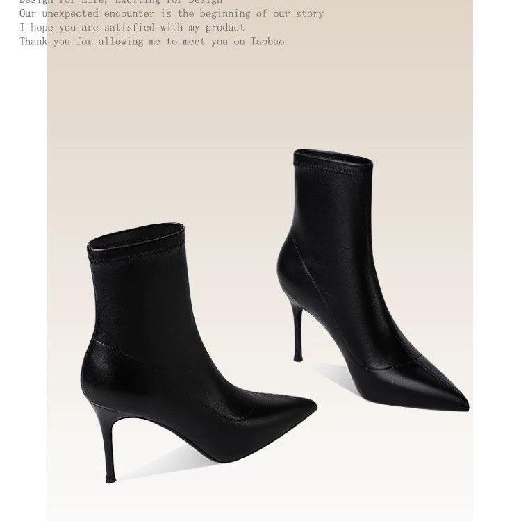 2024 Fashion Pointed Short Boots Leather Stiletto Boots Suede Solid Color Sleeve Boots Women's Single Boots Autumn and Winter