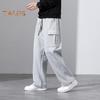 Fall Spring Men Pants Drawstring Elastic Waist Solid Color Multi Pockets Loose Plus Size Straight Wide Leg Sport Trousers Daily Wear Casual Sweatpants